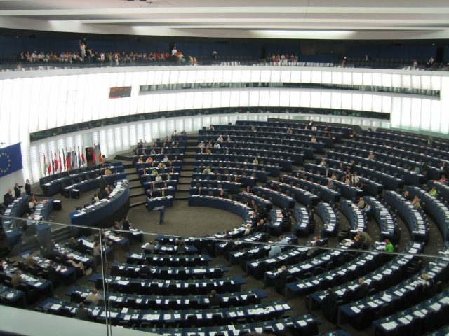 The hemicycle of the European Parliament building in Strasbourg, France