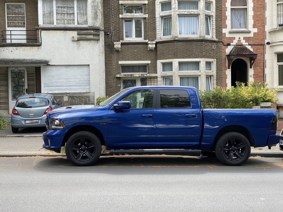 A Dodge Ram pickup truck on an urban street in Brussels, Belgium