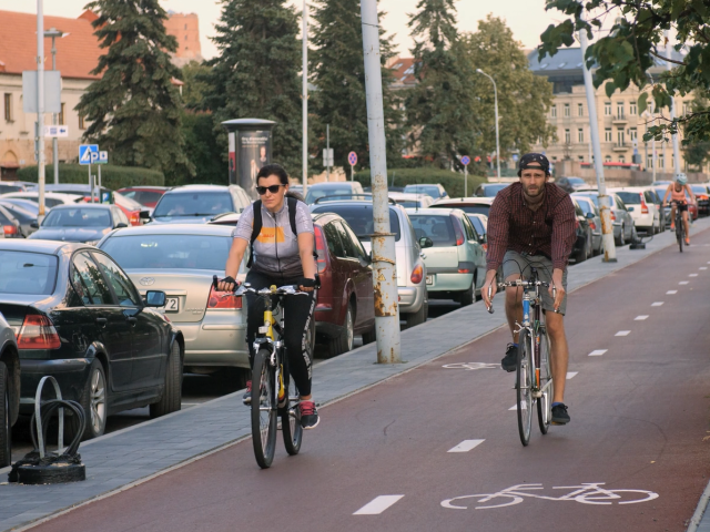 A separated cycle lane in Vilnius, Lithuania